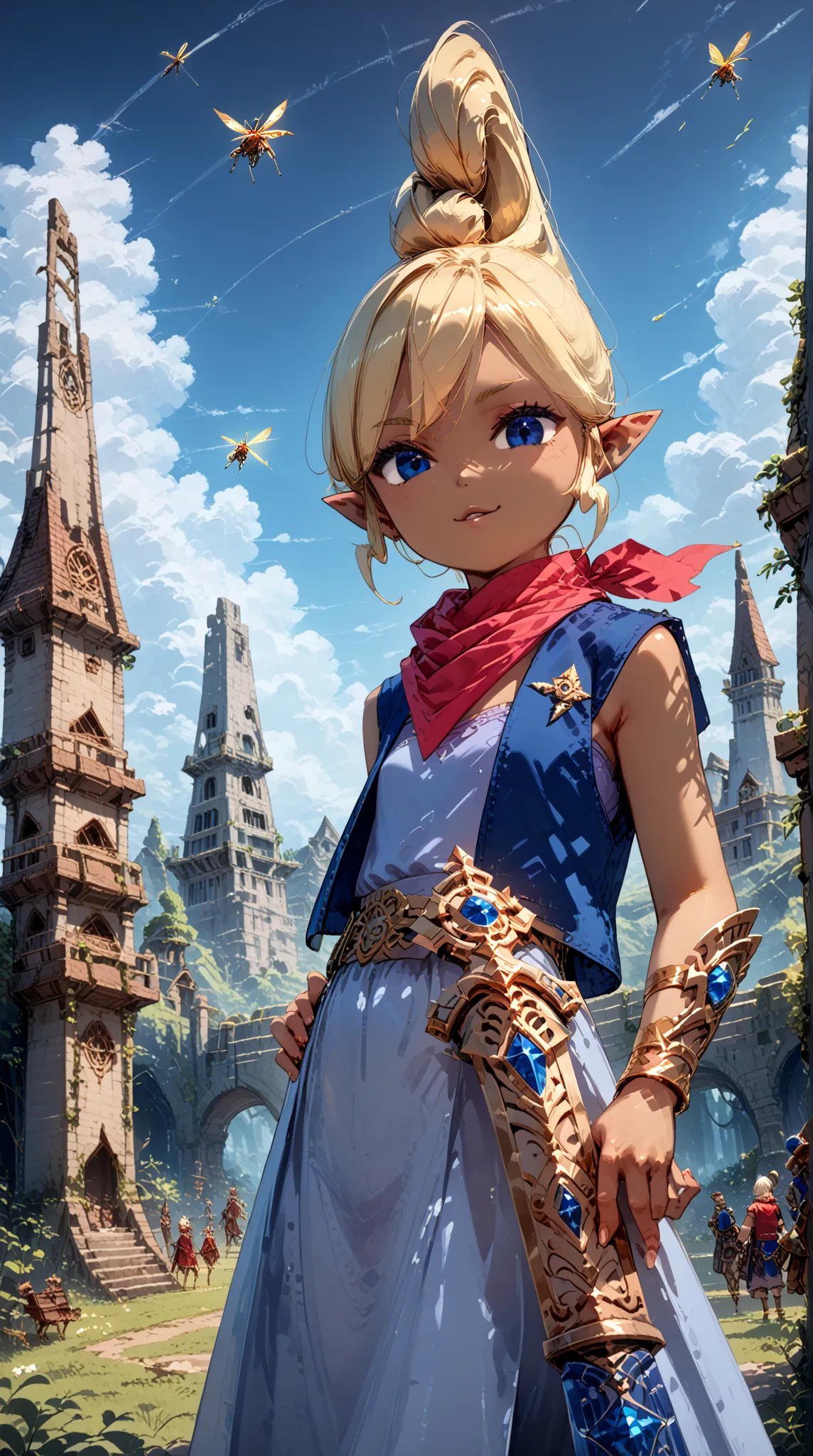 High Resolution, masterpiece, highest quality, (tetra, dark skinned female, blond hair, blue eyes, pointy ears), (vest, neckerchief), Impossible clot, cinematic lighting, epic fantasy landscape, magical forest environment, mystical ruins in background, glo...