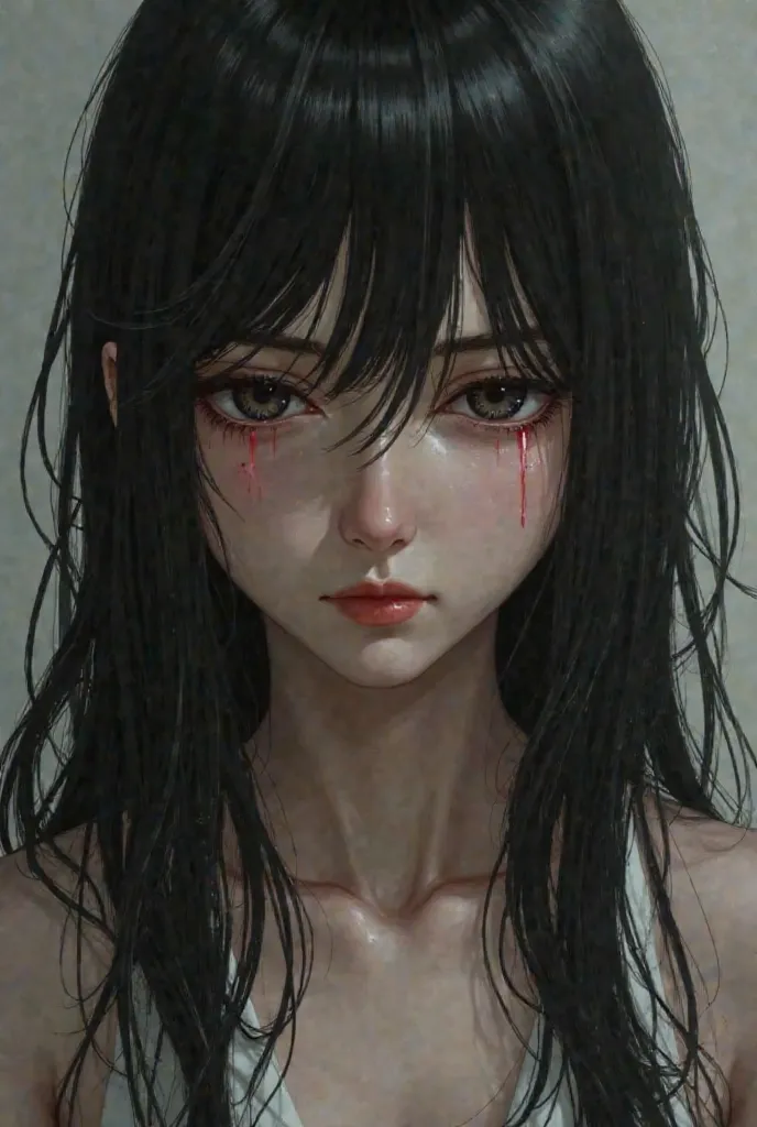 Woman with a serious face 
Tears falling
Black hair 
Looking to the side