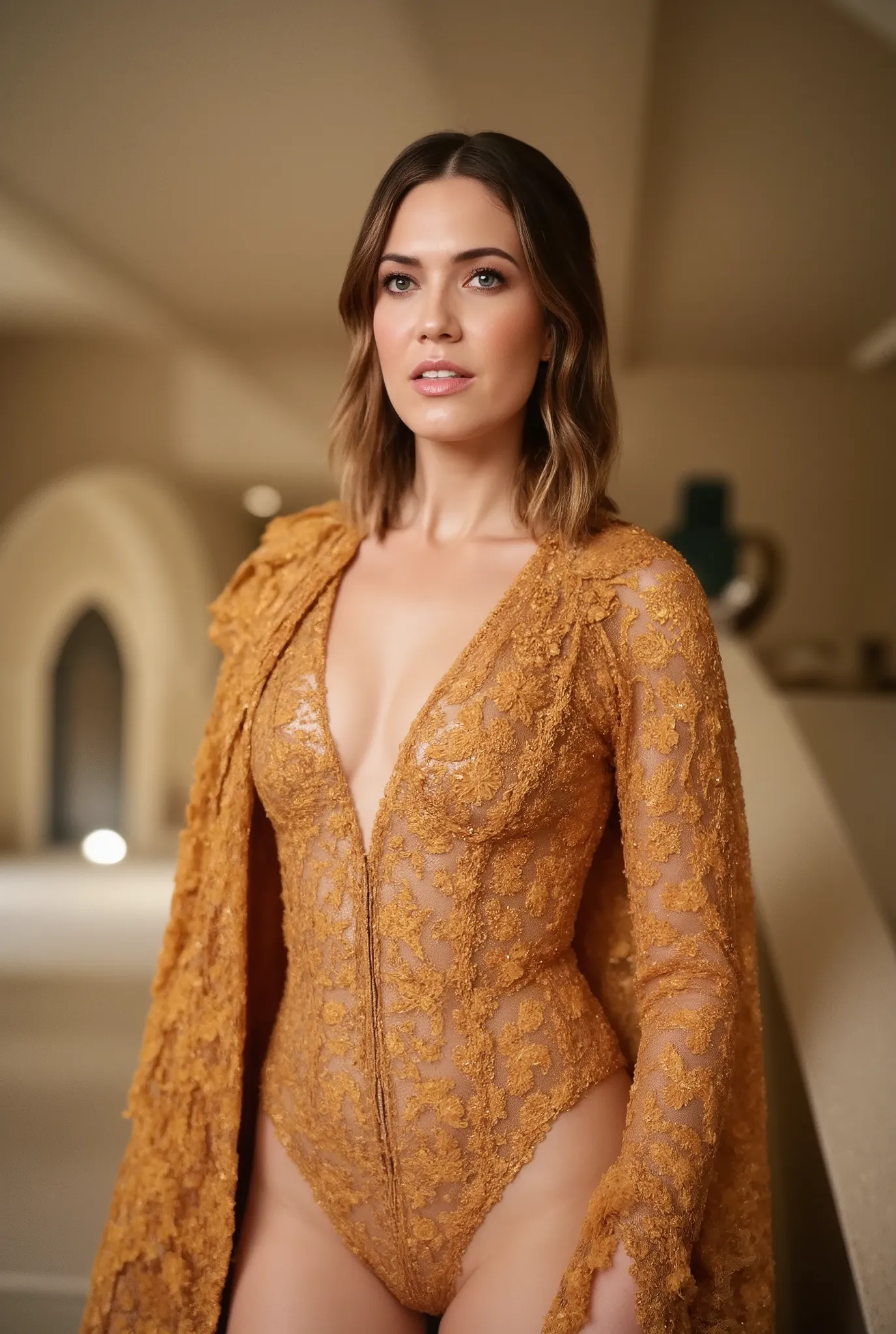 best quality, highres, 8k, masterpiece, photography, detailed midbody photorealistic portrait. Mandy Moore embraces Baroque grandeur in a golden embroidered lace bodysuit with delicate filigree details, paired with sheer lace-trimmed stockings and a flowin...