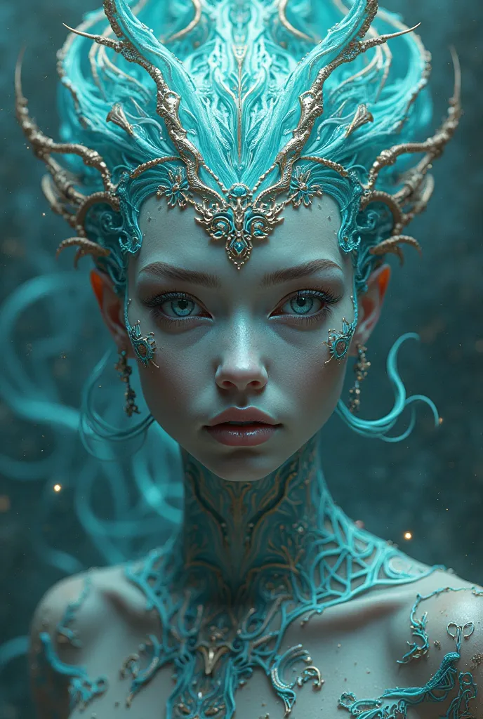 A mesmerizing close-up portrait of a gorgeous aquatic alien queen sitting on a throne