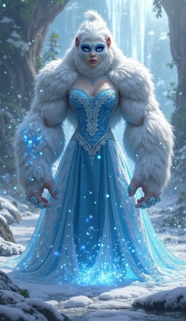 Here’s a fusion concept for Elsa and the gorilla:

"A powerful hybrid character combining Elsa and a mighty gorilla stands in a mystical frozen city. This fusion creature has Elsa's elegant ice-blue gown merged with a muscular, fur-covered body. Her arms a...