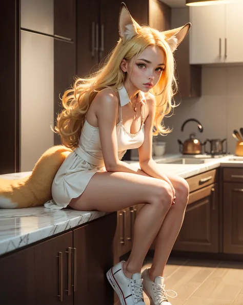 Tall skinny female fox girl with a tail. She is wearing a casual collared skater dress and white canvas shoes. Fox girl. human shape. human face. narrow waist. Small breasts. Narrow hips. Tall blonde fennec style fox ears on top of her head. Fox tail, Long...