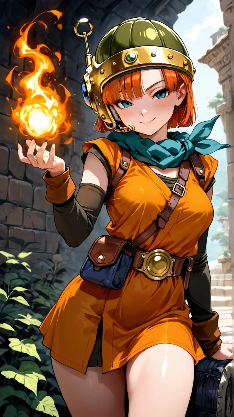 Lucca from Chrono trigger, slender,  orange short dress, seductive smile, fire magic in hand, combative stance, smile, medium breasts, multi panel, masterpiece, 8k, best quality, amazing quality, detailed background, intricate details