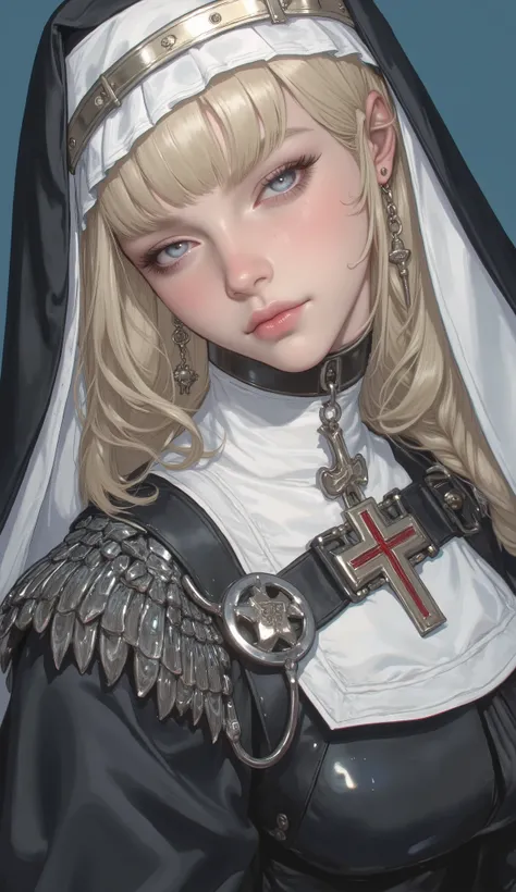 extremely detailed CG, high resolution, best quality, masterpiece, single woman, light blue eyes, (beautiful detailed eyes: 1.4), light blonde hair, nun attire, thicc, blushing, monastery , single solid color background