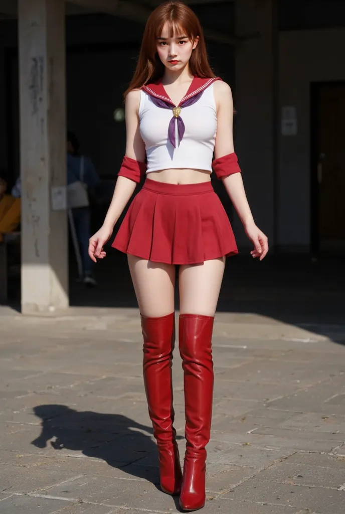 Best Quality、8k、masterpiece、A highly realistic, high-resolution photograph of a Chinese cosplayer dressed as Sailor Mars, standing in a simple, uncluttered setting，casting shade. erotic pose, live photo, She wears a red sailor collar, a red skirt, glossy r...