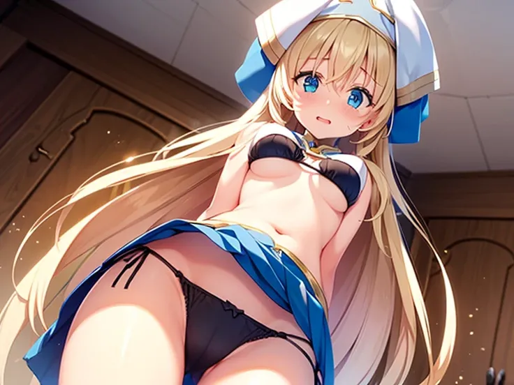 Master piece,best quality,nsfw,Priestess - Goblin Slayer  (Priestess－ Goblin Slayer),skirt lift,embarrassed,Bikini Panties,on room,throw