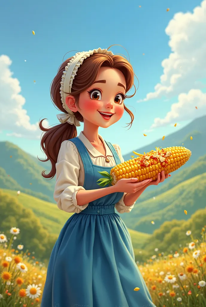 A peasant woman in a blue and white suit carrying corn prepared with mayonnaise in her hand, cheese and chili powder, that looks like a cartoon