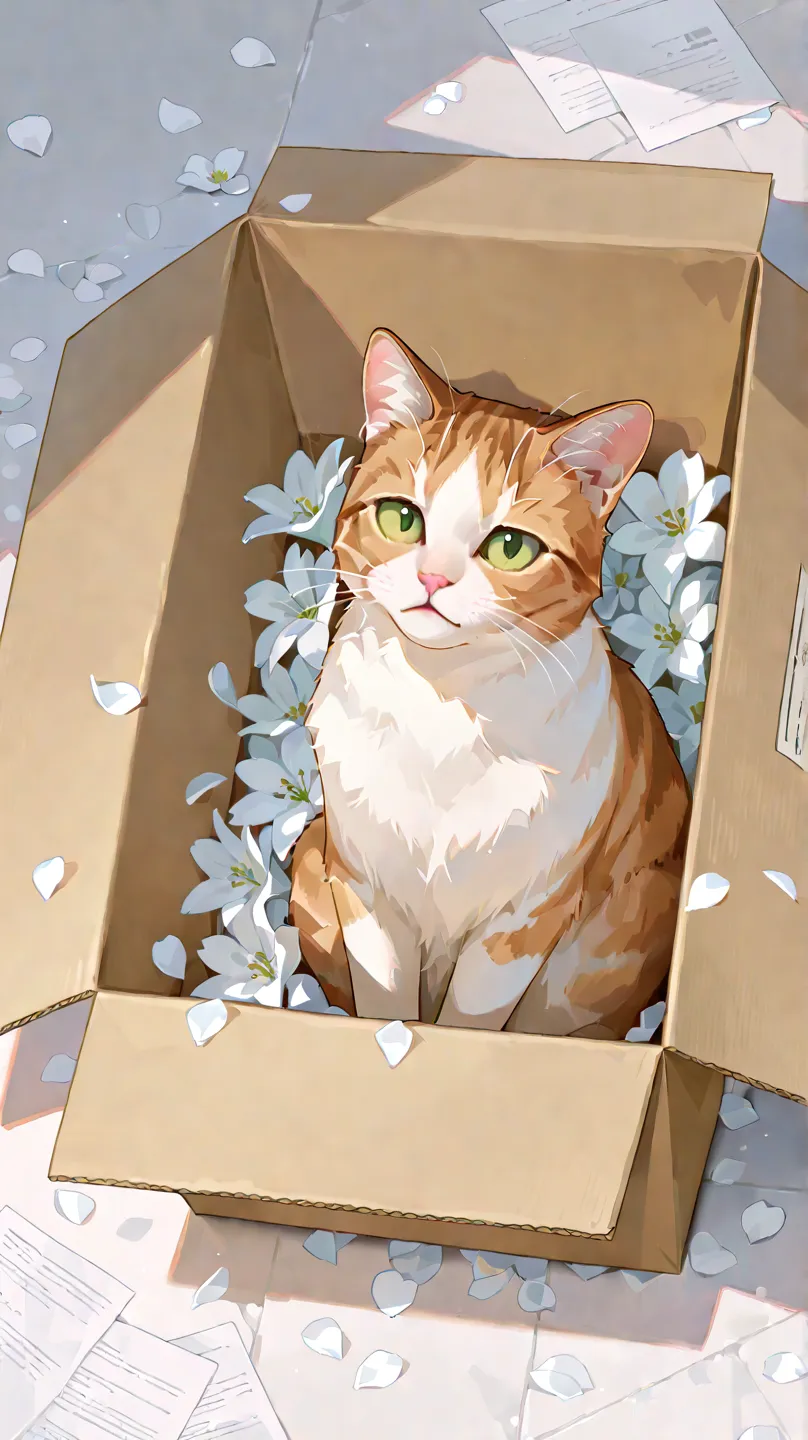 Paper box with flower petals., Cat in the box,  Enquiry, A real cat