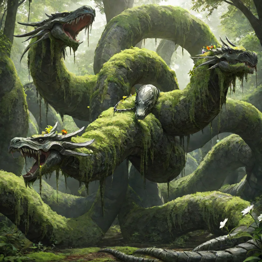 large hydra creature with many heads.
trees and moss growing, heavy metal chains wrapped and hanging around hydras body.
green colour scheme, flowers growing around environment.
