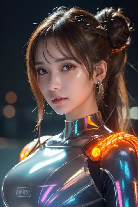 face-closeup  、  orange transparent cyberpunk suit   :1.3)、
Huge 、      Long brown hair、   shiny   ,    oily skin   、      glowing skin   、   white skin、Flying debris, Best Quality, Realistic,    very detailed, finely,  High image quality,   8K Dende Wallp...