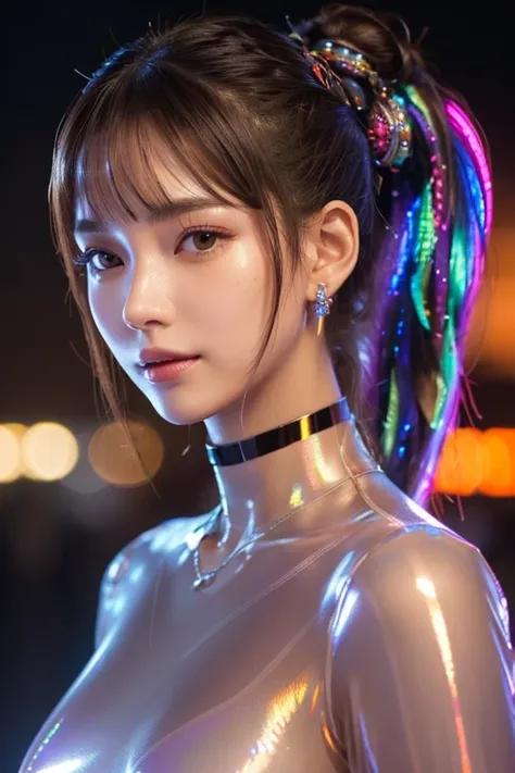 face-closeup  、  orange transparent cyberpunk suit   :1.3)、
Huge 、      Long brown hair、   shiny   ,    oily skin   、      glowing skin   、   white skin、Flying debris, Best Quality, Realistic,    very detailed, finely,  High image quality,   8K Dende Wallp...