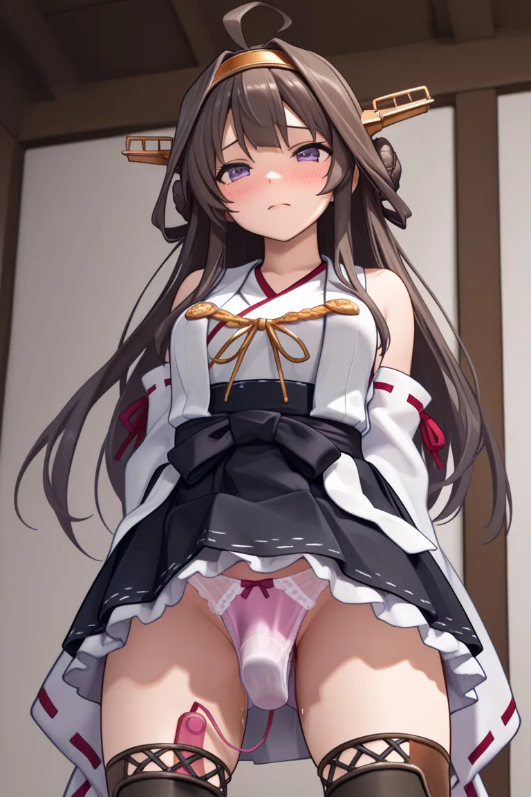 (best quality), ((masterpiece)), (detailed), perfect face, 8k, Anime style,  1girl , NSFW, vagina dildo insertion, (dildo-vibrator_under_panties), KongoukainiKC,long hair, skirt, thighhighs, ahoge,  hairband ,detached sleeves, japanese clothes, black skirt...