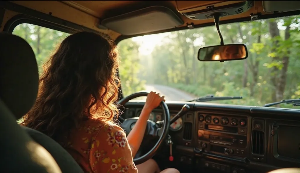 An over-the-shoulder shot from Arjun’s point of view inside a rugged off-road jeep, capturing Naina sitting in the passenger seat. Sunlight streams through the open window, illuminating her soft, wavy brown hair. She leans slightly towards the window, her ...