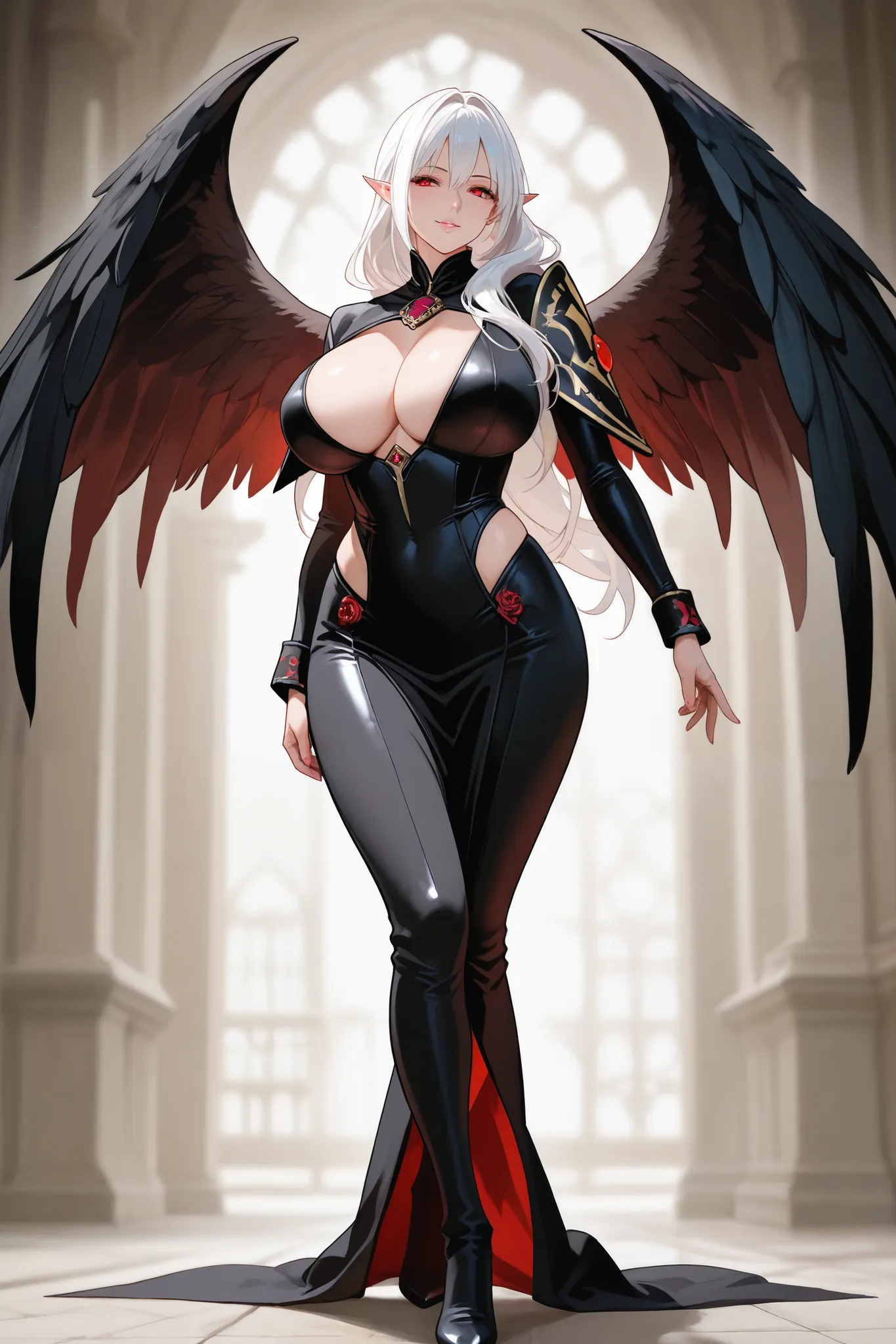 Vampir, big breasts, Pointed ears, black Angel wings, assassin outfit, white hair, red eyes, full body, beautifull girl, perfect body, vampir Empress, princess of vampir, seductive face, mature female