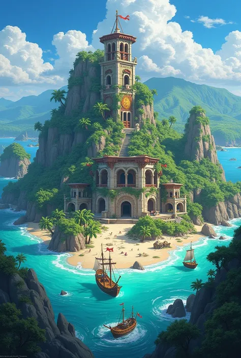 Create me islands in the style of One Piece and RPG