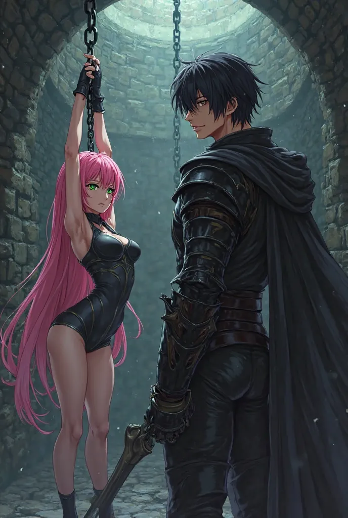 Anime style image of a beautiful girl with long pink hair and sharp green eyes, suspended from the ceiling by chains in a dimly lit dungeon, her wrists bound above her head, wearing a sleek, black-and-gray skintight battlesuit that hugs her figure and reve...