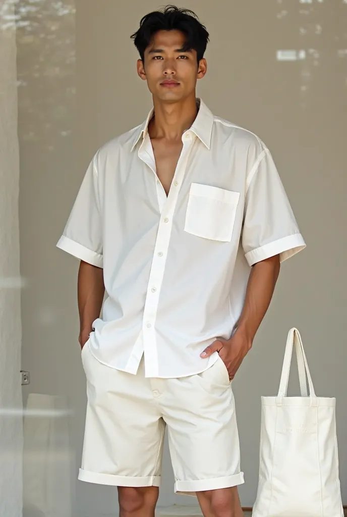 Window Showcase. Handsome korean model/Hawaiian Plain White Large Men's Shirt / white shorts /14*16 inch white cloth bag, model only/No Replica