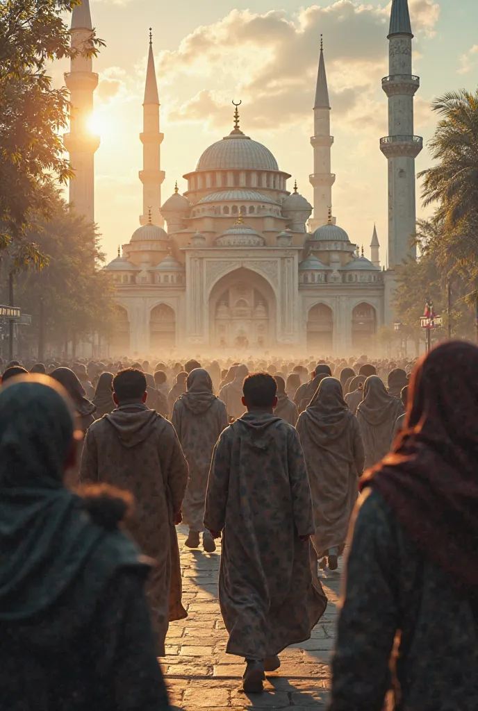 The next morning, people rush to enter the mosque early. Some look tired but determined.