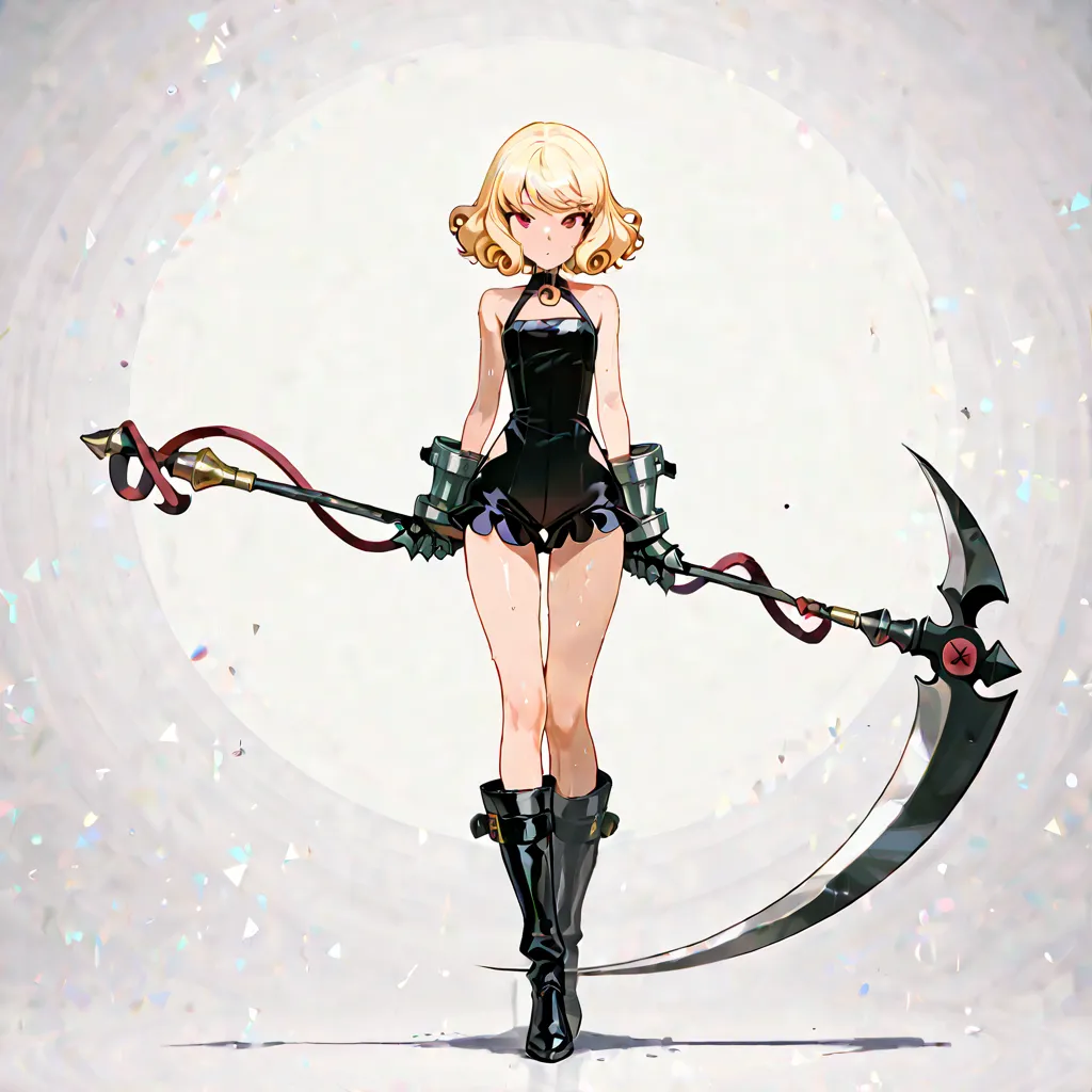 masterpiece, best quality, very aesthetic, absurdres, safe, succubus girl, Blonde Classic Bombshell Curls hair, Black Sleeveless Athletic Romper, all sweaty, 2 handed scythe, metal gloves, knee long leather boots, full body, NO HORNS, NO WINGS, NO TAIL