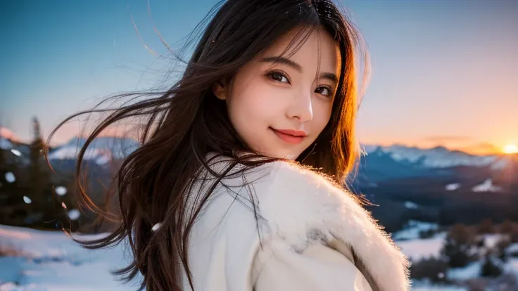 A hyper-realistic portrait of a beautiful young woman with long, flowing brown hair, standing in a snowy landscape during sunset. She is wearing a white bikini with a deep-cut top and high-waisted bottom, along with a loose red satin jacket draped over her...