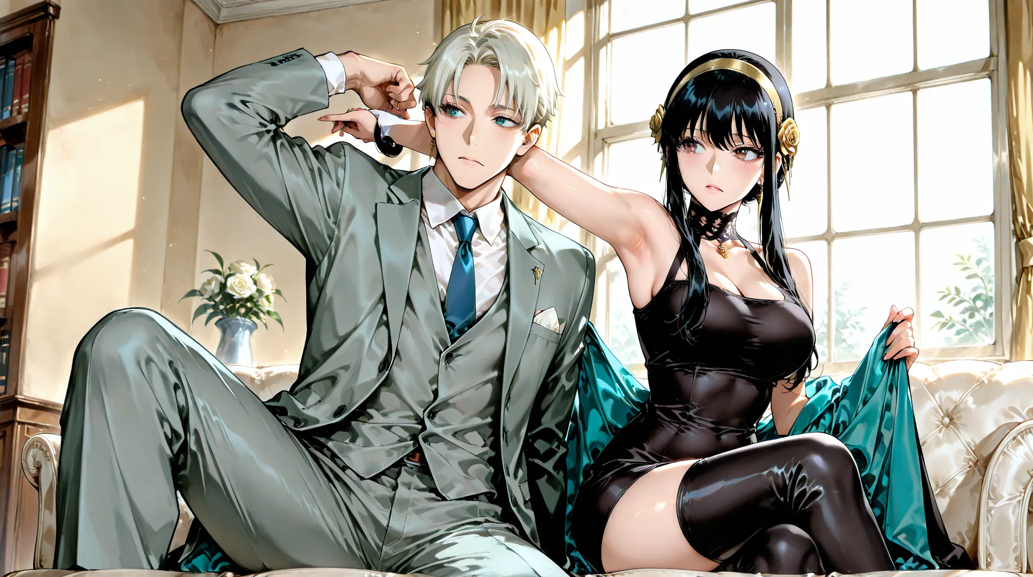 high res images, masterpiece, great quality, best quality, abusseur dress, very aesthetic, Anime Coloring Book, spy x family, Official Art,  , couple, The Queen and the Submissive Man,
hidden hair, (Yol Brier in a Black Mini Dress, Double Sided Wear , Doub...