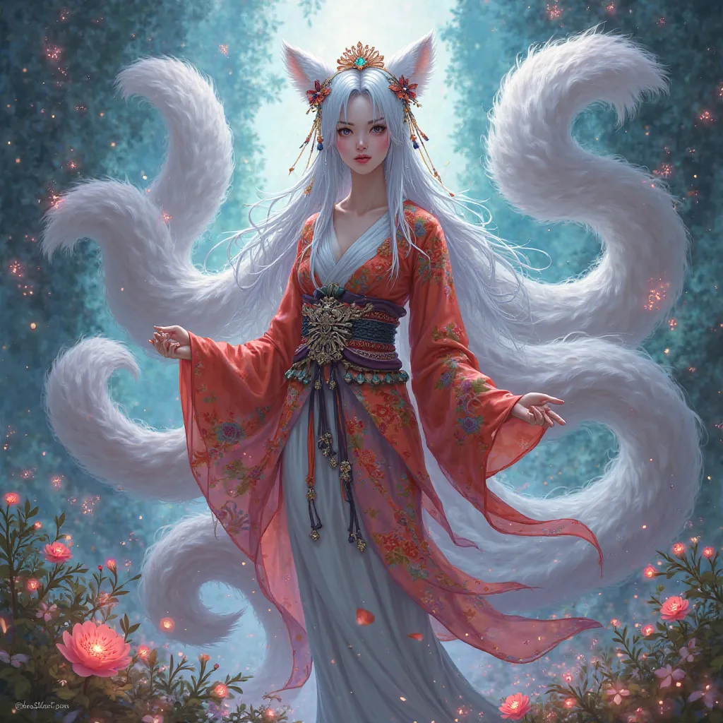 Game art splash, young women, Gumiho, Ninetails fox.