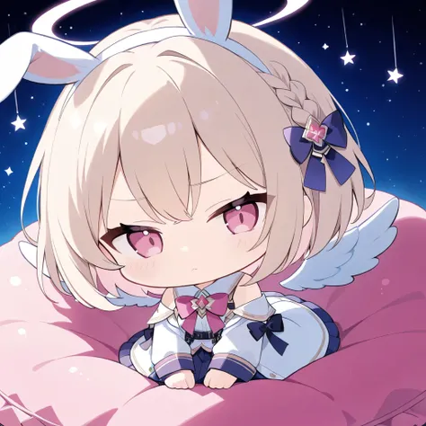 Chibi character: 1.2, best quality, 8K, 16K, super-resolution, light beige short bob, one side partial braid close-up, ((battlefield annihilation angel: 1.2)), beautiful girl, thin face, narrow eyes, pink eyes, grumpy expression, starry sky background: 1.2...