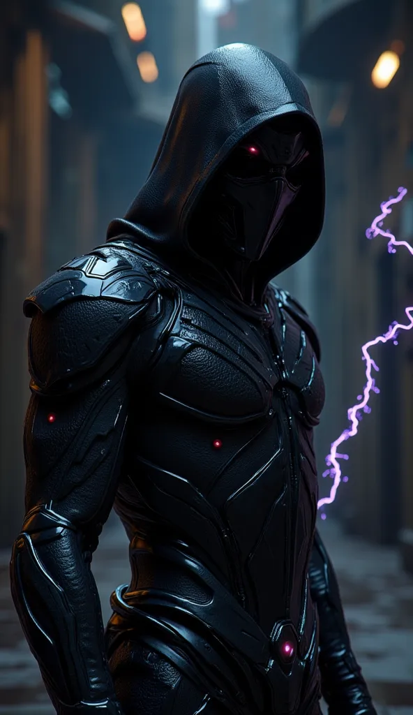 Photorealistic，Ultra high definition，Highest quality，Best Quality，8k，A stealthy male assassin in sleek black armor with a segmented, scorpion-tail-like energy whip. His mask conceals his face, and his strikes are venomously swift.