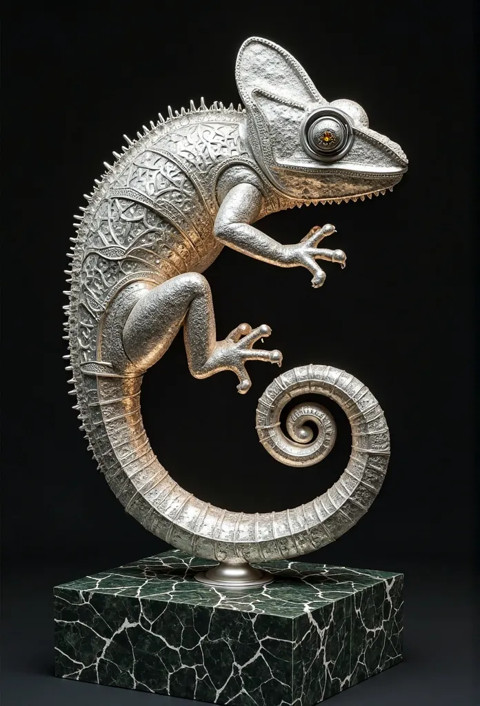 A monumental chameleon sculpture, sculpted from rare and exotic metals such as molten silver and palladium, creating a captivating and luminous finish. The body is a symphony of sleek, fluid lines and sharp angles, with perfectly polished metal surfaces th...