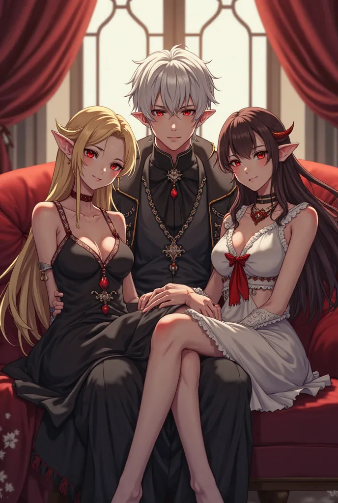  Create a 21-year-old half-demon red-eyed, left-eyed young man wearing necromancer clothes with half-short white hair sitting on a couch with two 18-year-old women, a blonde elf and a brunette elf sitting on his lap, Medieval world of an anime