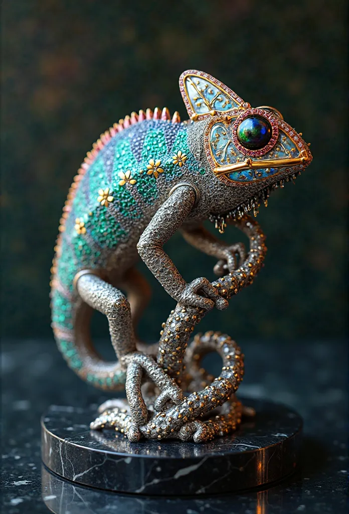 An awe-inspiring chameleon sculpture, crafted from the finest metals, including rare, deep blue platinum and iridescent gold, giving it an otherworldly gleam. Its body is an elegant fusion of organic and geometric forms, with sleek, flowing lines and metic...