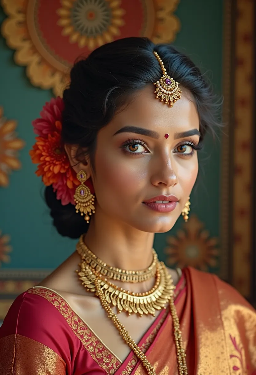 a woman with a flower in her hair, traditional makeup, traditional beauty, movie stills photography, traditional photography, traditional female hairstyles, photo taken with nikon d 7 5 0, photo taken with nikon d750, kerala motifs, wearing gold jewellery,...