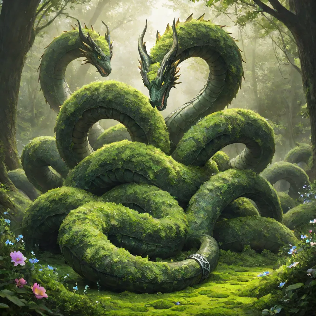 large hydra creature with many heads.
trees and moss growing, ornate toe ring that shines with magic.
green colour scheme, flowers growing around environment.
