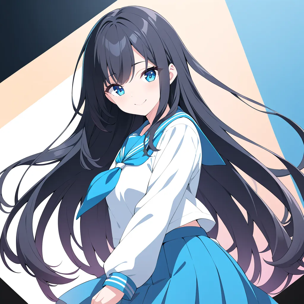 A high-quality anime-style illustration of a beautiful high school girl with long, flowing black hair and striking blue eyes. She wears a traditional Japanese school uniform (seifuku) with a neatly tied ribbon. Her large, expressive blue eyes and warm, che...