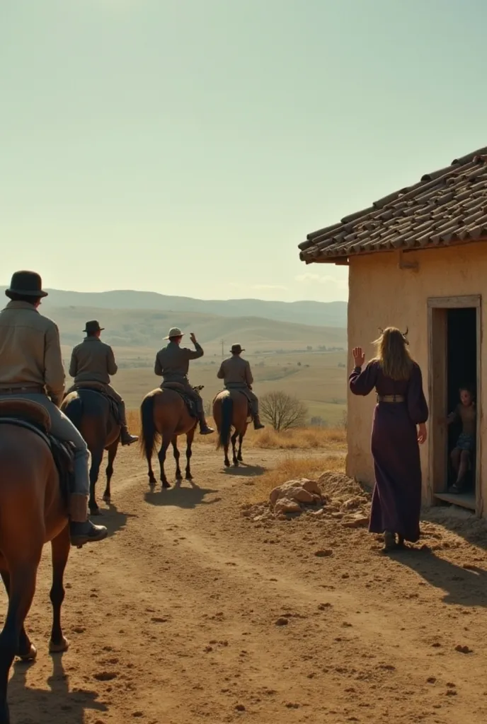 In a wide shot, we see four men mounted on their horses, bidding farewell as they leave their humble home. Salustiana stands in the doorway, waving them off. The men are positioned at a distance, riding away with the house and the surrounding landscape vis...