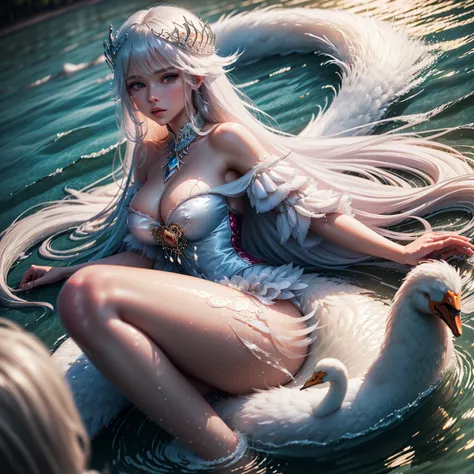 white two-legged swan (( floating in the water )), flowing white hair wavy mane and swan head floating, saddle to ride with slender swan beak, has short, slender legs、pink fairy queen riding on a swan's back like a jockey, cotton candy glass swan,  pink he...