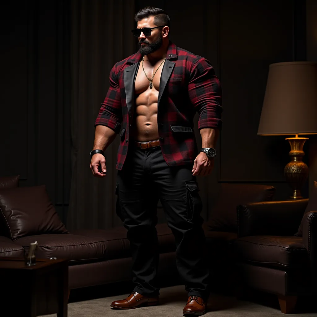 This photograph captures a young man with an exceptionally muscular large physique, hyper realistic man,, legs and chest and a neatly trimmed beard. Hairy chest, The man is dressed in a crisp, wearing unbuttoned red  check  shirt, black leather styled blaz...