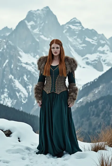 Bryce Dallas Howard wearing a sexy Viking costume ,In snowy mountains, hair with braids , full body foot skirt, 