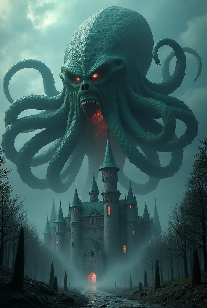 A huge kraken with lots of red eyes, destroys and breaks a gothic castle with green roofs and peaks in the middle of the dark forest, the sky in the dusk before dawn