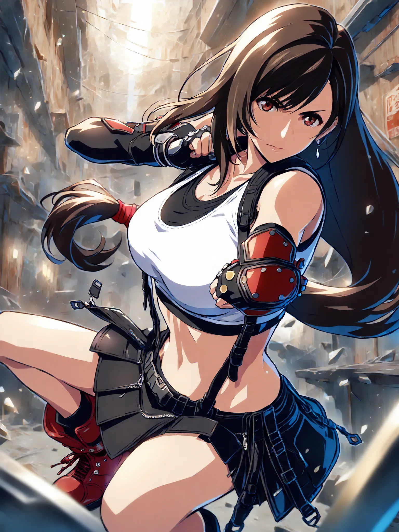 1girl, Tifa Lockhart, Final Fantasy VII Remake, (cel-shading style:1.2), (masterpiece:1.3), (best quality:1.2), detailed leather gloves, striped pink crop top, black mini skirt, red ribbon on right arm, battle stance in Midgar slums, dynamic lighting, dept...