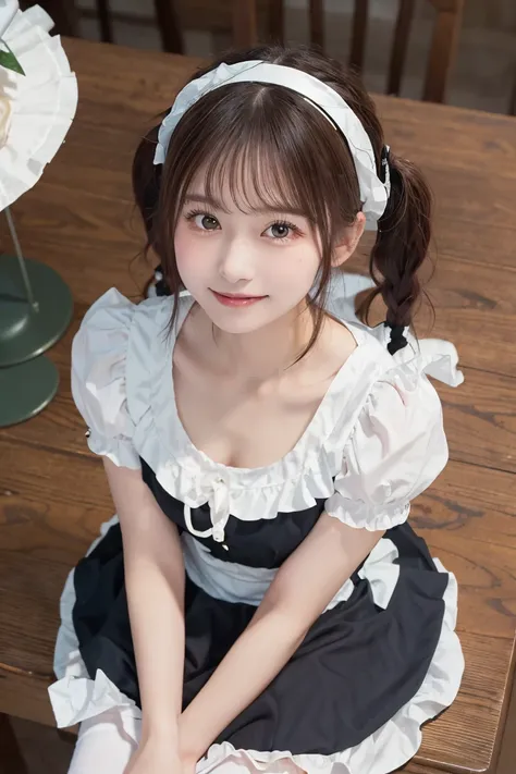 table top, top quality, shape, very well detailed, details, High Resolution,  8k Wallpaper, perfect dynamic composition, ((close:1.3, from above, Show Viewers)), beautiful details , (Wearing a cotton maid outfit, , Cute ruffled girl dress,  maid headband w...