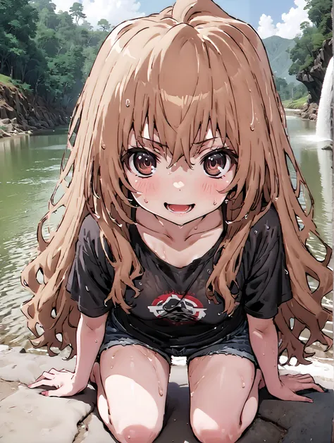 score_9, score_8_up, score_7_up, source_anime,
Taigaisaka, Aisaka Taiga,Alone, long hair, brown hair, brown eyes,ponytail,smile,open your mouth,plain black t-shirt,belly button sticking,Tie the hem of the shirt,denim micro shorts,Bare legs,wet skin,wet ha...