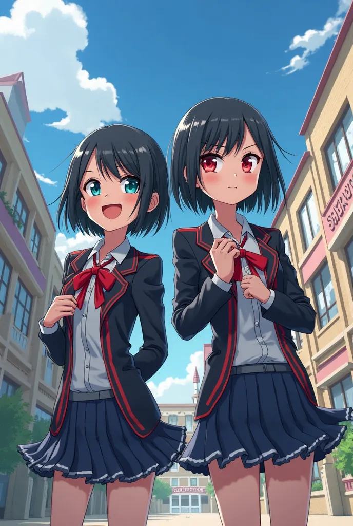 Screenshot of My Hero Academia.
twin girls with short black hair with bangs and red eyes one has a cheerful expression and the other serious one is wearing a UA uniform and in the background UA