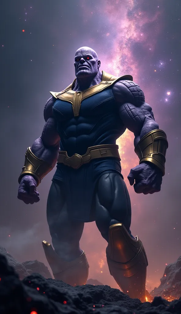 A furious Thanos with glowing eyes, standing in a dark cosmic background, clenching his fists in rage.