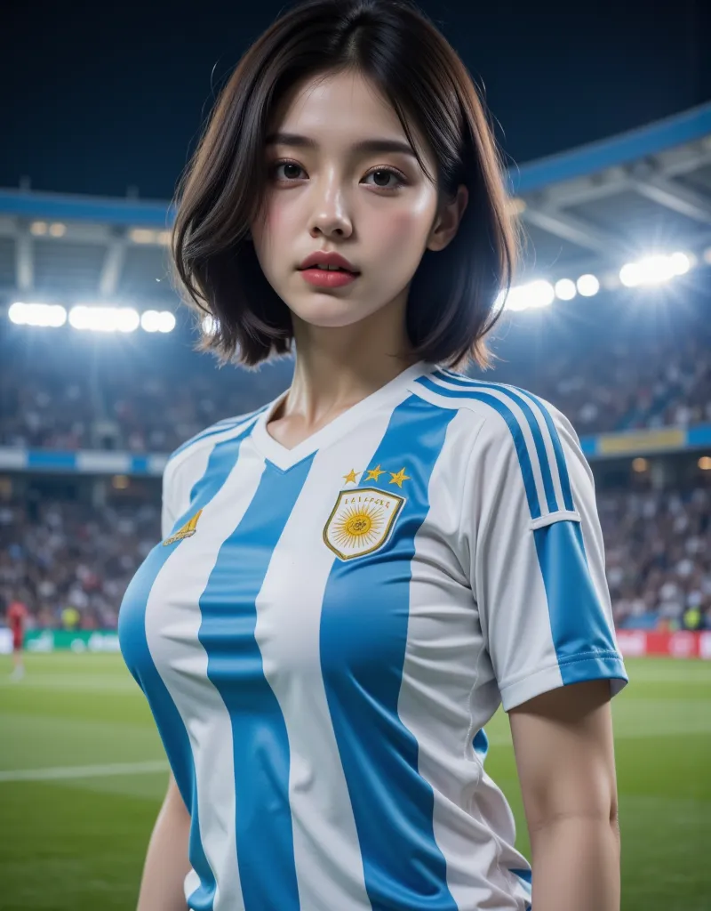 (清楚で超 beautyな巨乳の韓国人美女がアルゼンチン代表のユニフォームを着て立っている:1.2)(Laughing whistling :1.2)(汗ばんだbeautiful skin:1.1)(16k,  RAW photos , top quality, masterpiece: 1.2),(Beautiful bob cut:1.1) Super Detail, super resolution, (Genuine, Genuine photos: 1.37),  portraits, high ...