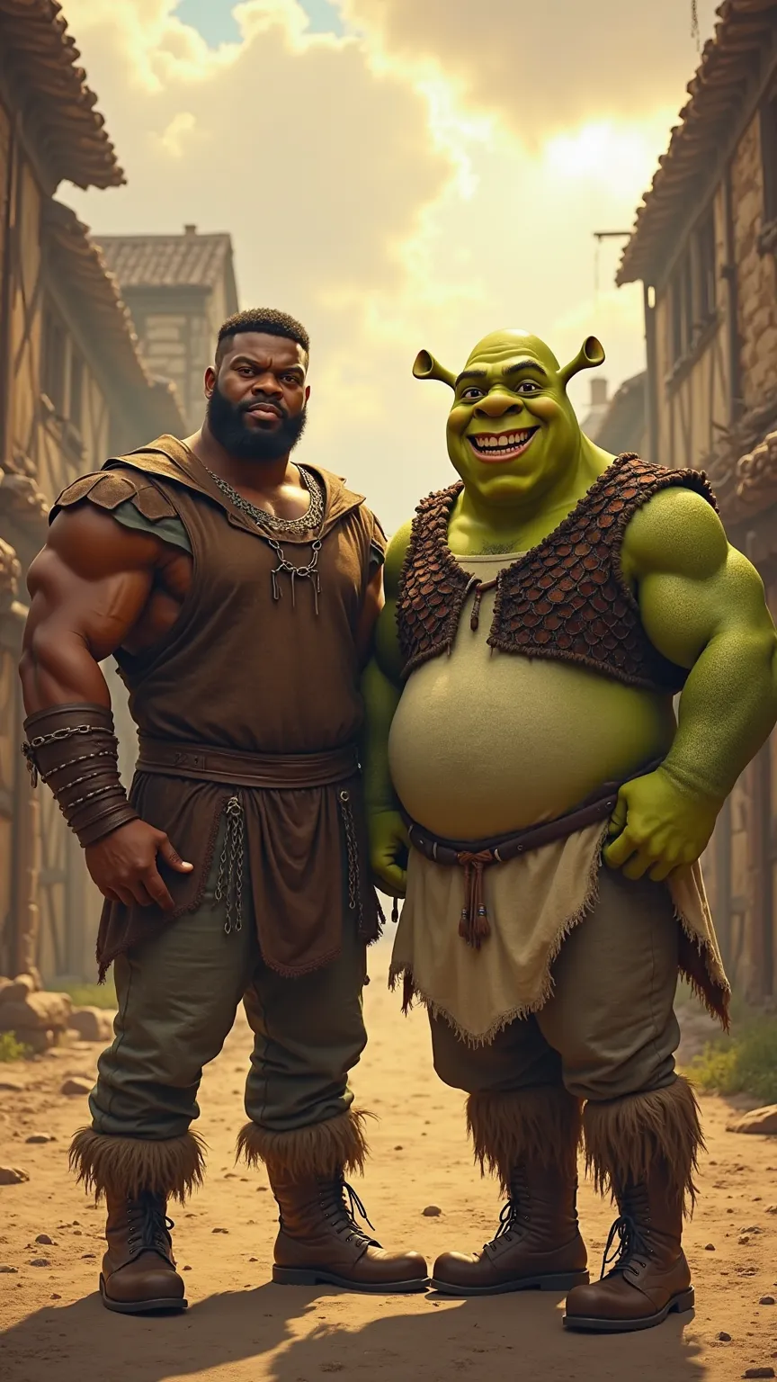 A muscular black man and a green-skinned Shrek stand side by side, radiating confidence and power in a medieval setting. The black man, with his defined, powerful torso, wears a simple tunic with a brown leather vest, his sharp gaze exuding intelligence an...