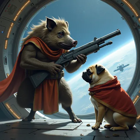 A boar with a gun shoots at the sad and powerless king of a pug,  in a spaceship,