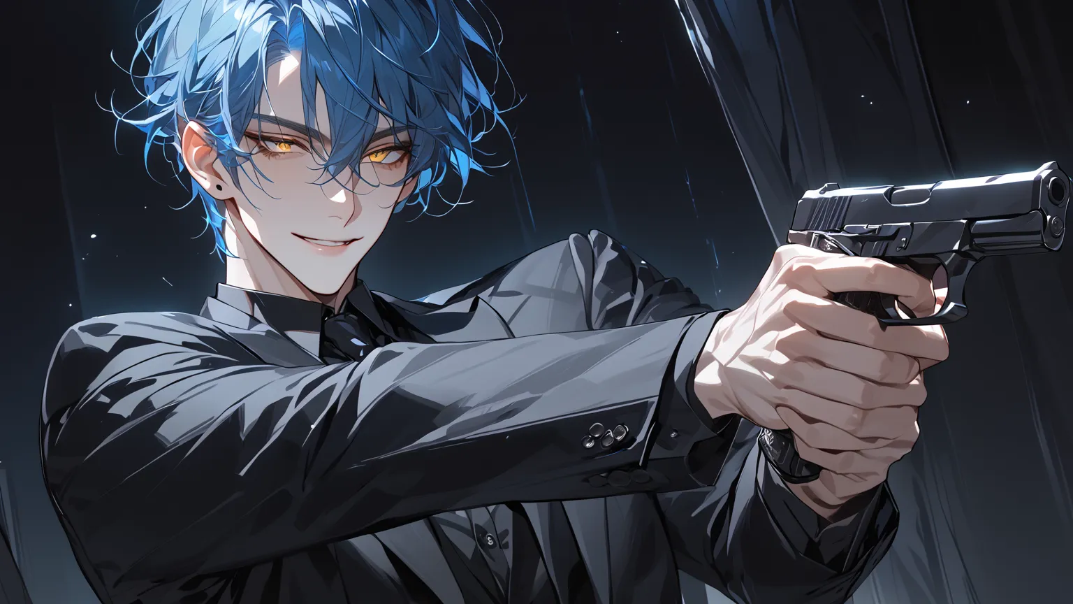 (Masterpiece, high resolution, best quality), solo, 1 male, 25-years old man, handsome, detailed eyes, short-straight and blue hair, yellow eyes, tall, black suit, black dress shirt, smile, holding handgun with two-handed shooting, dark background