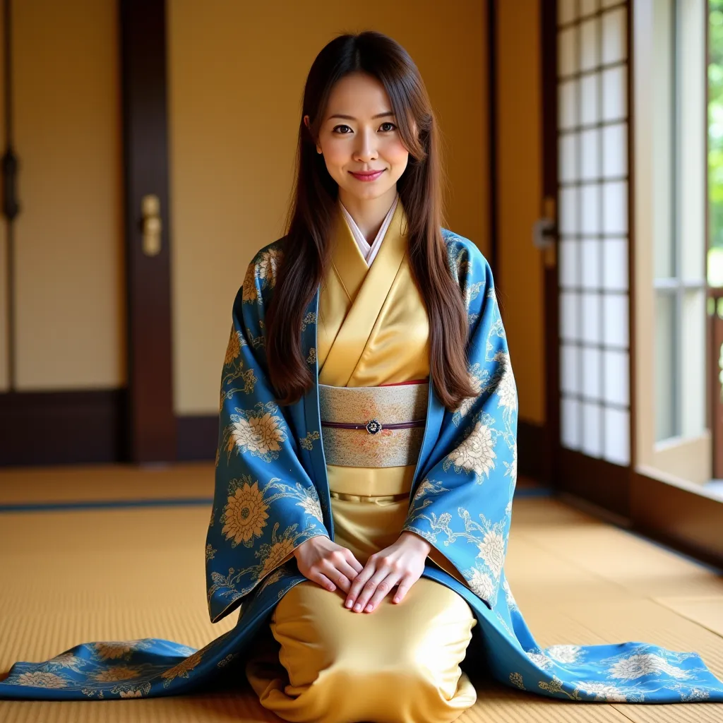 uchikake. A Japanese woman with sleek, long hair, wearing a gold kimono and an exquisitely printed blue uchikake over it, a traditional Japanese robe with intricate designs, the long hem flowing behind her. She is seated in a traditional Japanese room, kne...