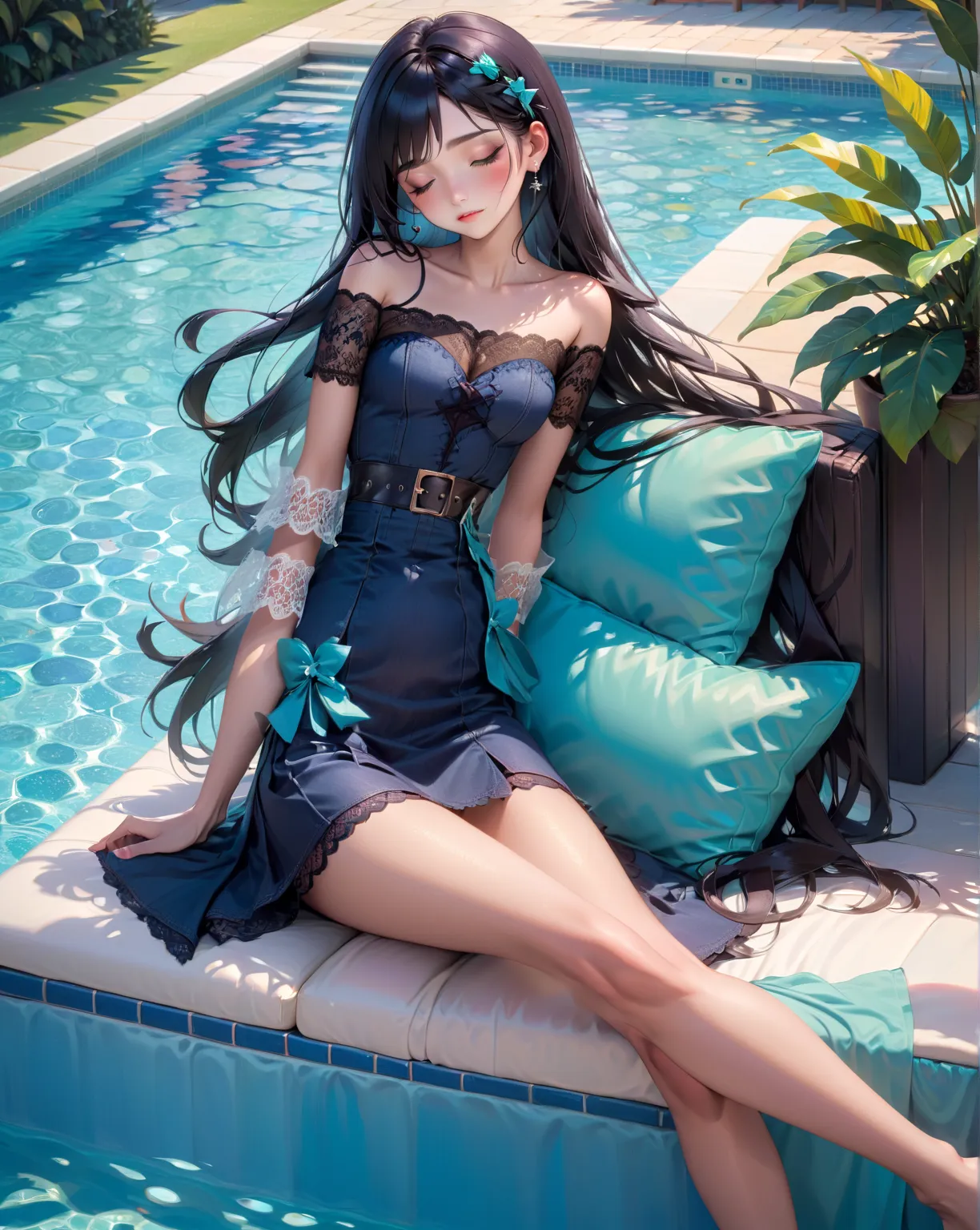 young woman, sitting and sleeping on relexing sofa, around resort 's swimming pool, ((closed eyes)), BREAK, (black straight long hair, forehead), BREAK, ((dark-aqua short sleeves off-shoulder, lace off-shoulder), (navy-azure denim pencil mini skirt), (cors...